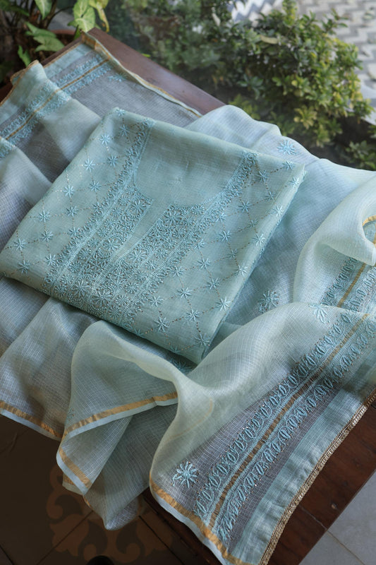 Aqua Blue Rasm Kota Tussar Chikankari Unstitched Chikankari Fabric