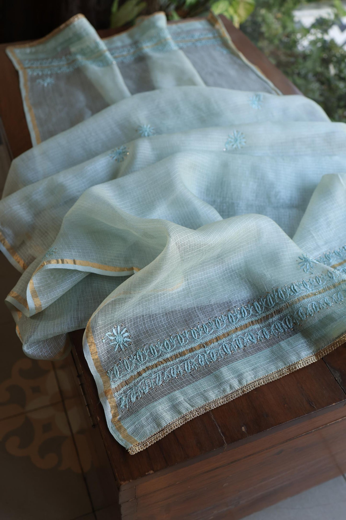 Aqua Blue Rasm Kota Tussar Chikankari Unstitched Chikankari Fabric