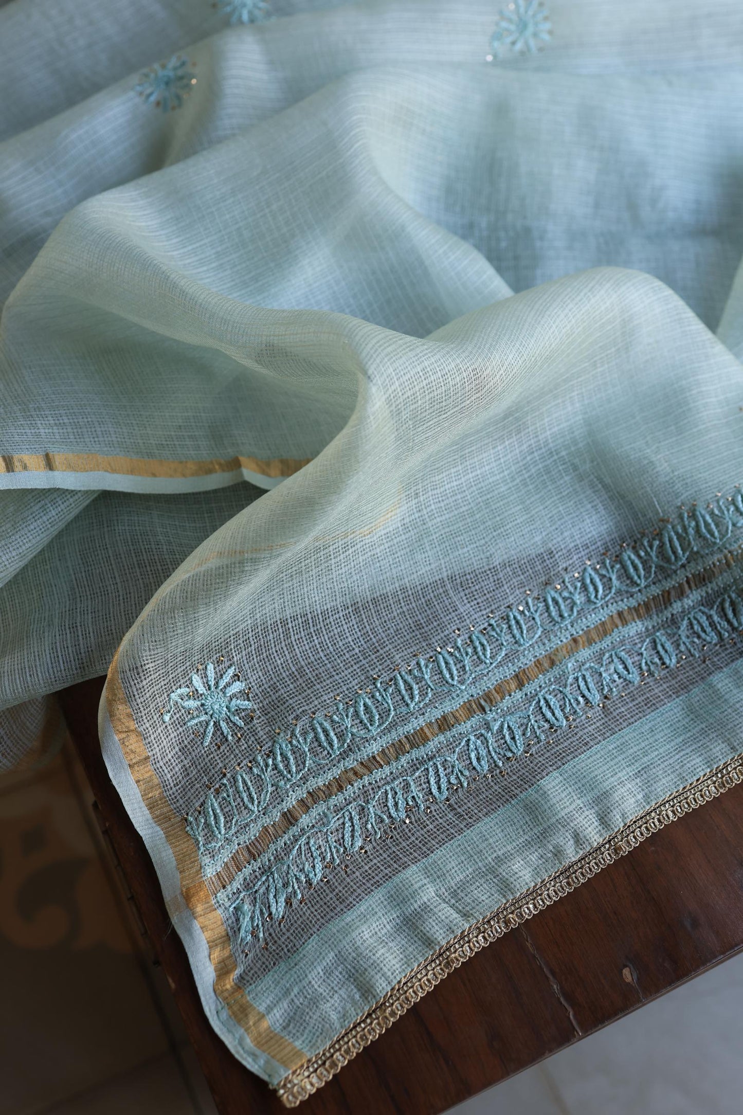 Aqua Blue Rasm Kota Tussar Chikankari Unstitched Chikankari Fabric