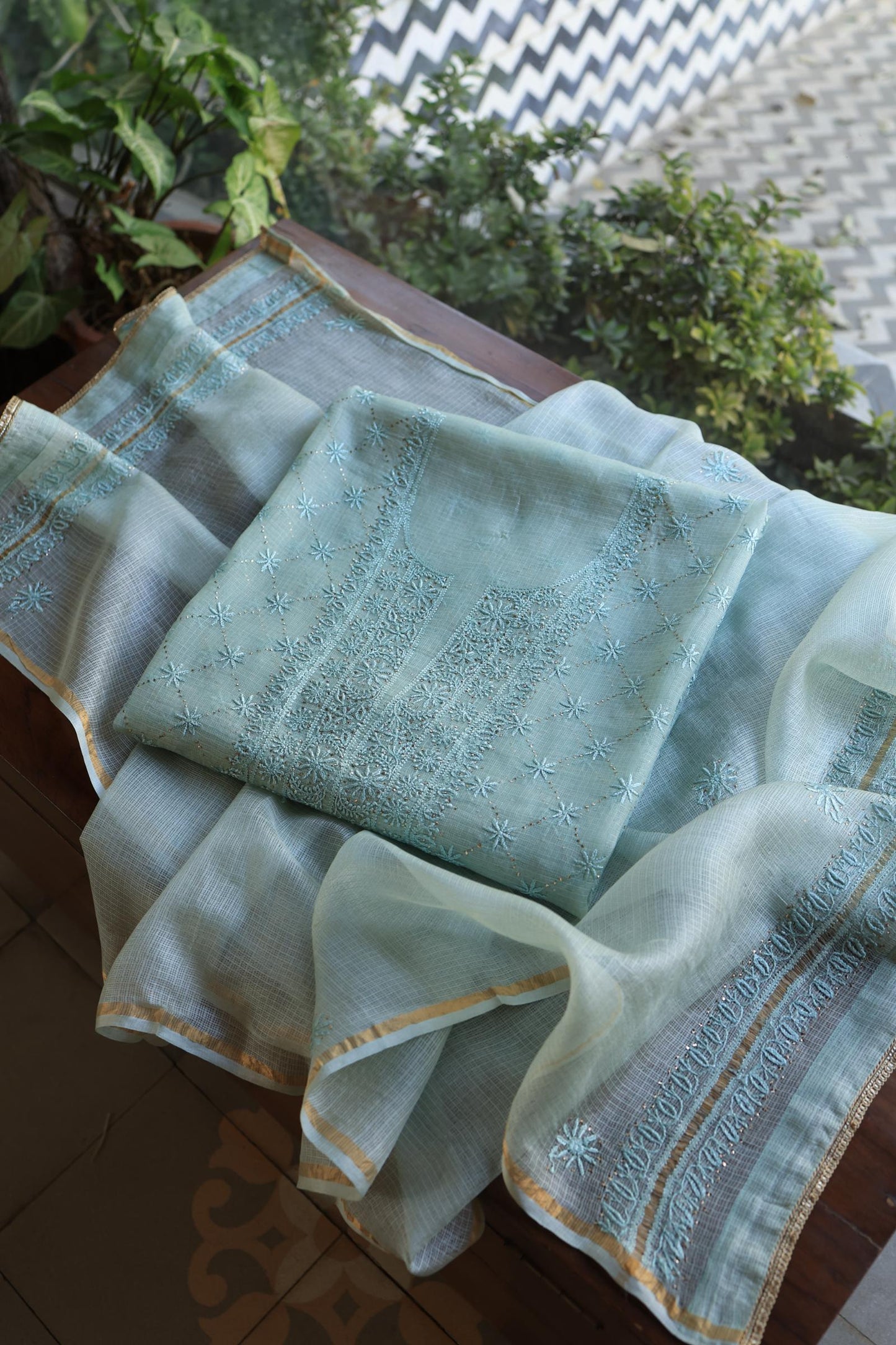 Aqua Blue Rasm Kota Tussar Chikankari Unstitched Chikankari Fabric