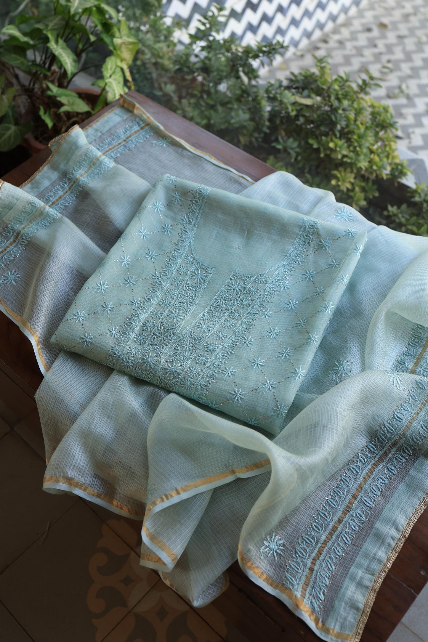 Aqua Blue Rasm Kota Tussar Chikankari Unstitched Chikankari Fabric
