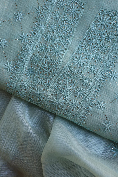 Aqua Blue Rasm Kota Tussar Chikankari Unstitched Chikankari Fabric