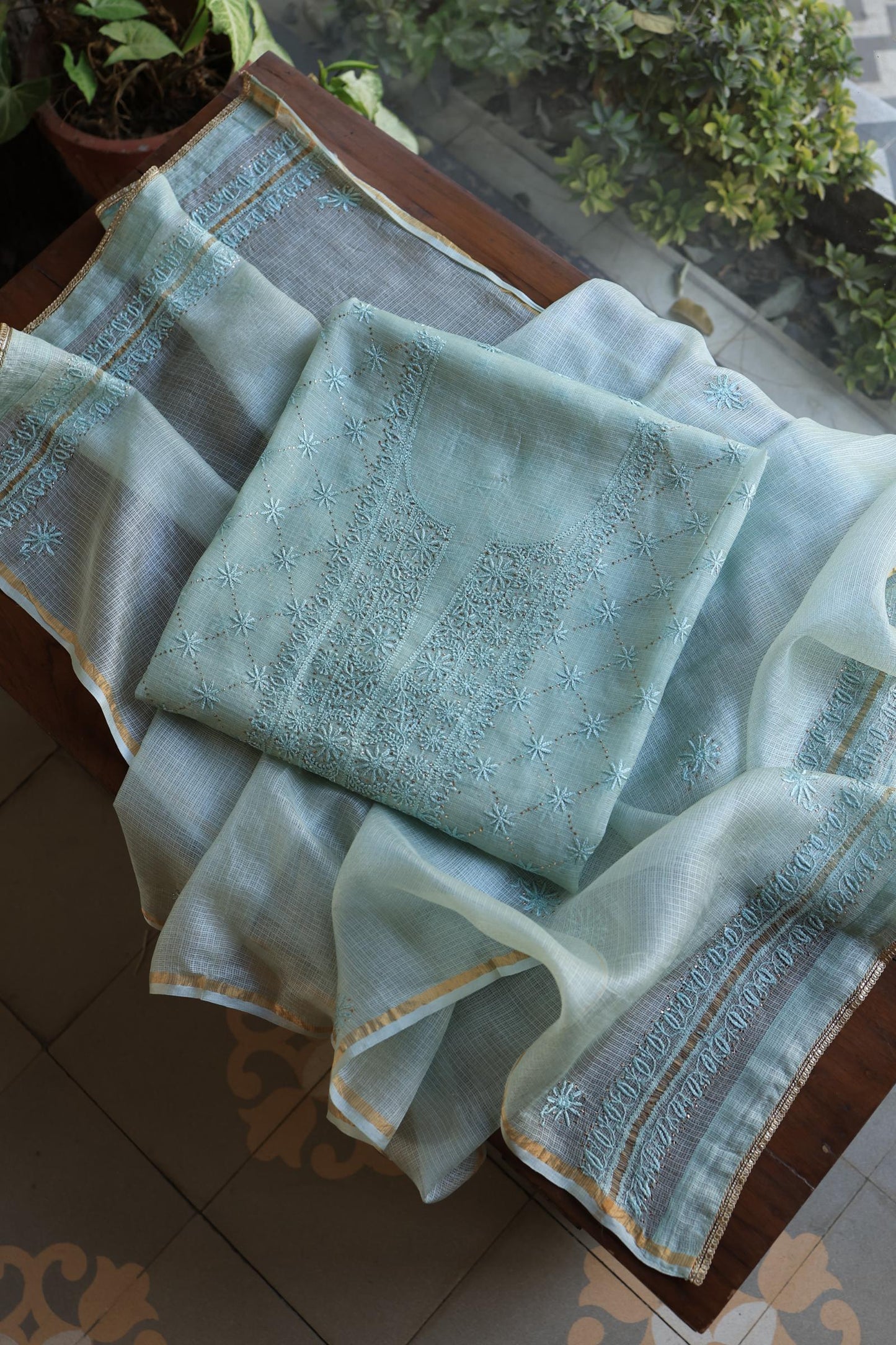Aqua Blue Rasm Kota Tussar Chikankari Unstitched Chikankari Fabric