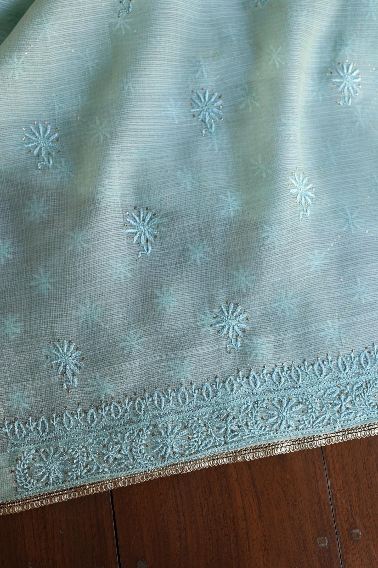 Aqua Blue Rasm Kota Tussar Chikankari Unstitched Chikankari Fabric