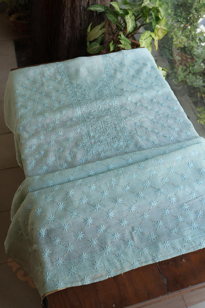 Aqua Blue Rasm Kota Tussar Chikankari Unstitched Chikankari Fabric