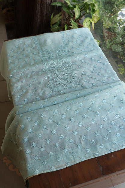 Aqua Blue Rasm Kota Tussar Chikankari Unstitched Chikankari Fabric