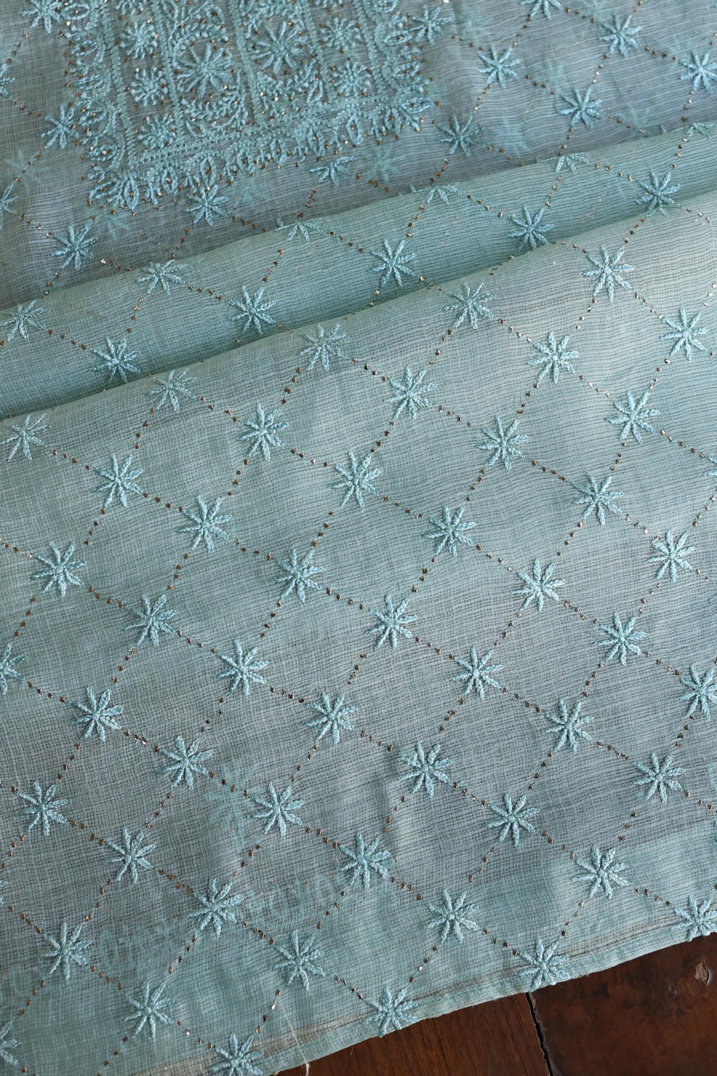 Aqua Blue Rasm Kota Tussar Chikankari Unstitched Chikankari Fabric