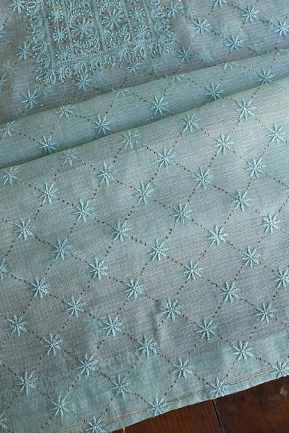 Aqua Blue Rasm Kota Tussar Chikankari Unstitched Chikankari Fabric