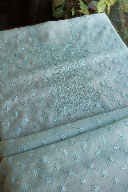Aqua Blue Rasm Kota Tussar Chikankari Unstitched Chikankari Fabric