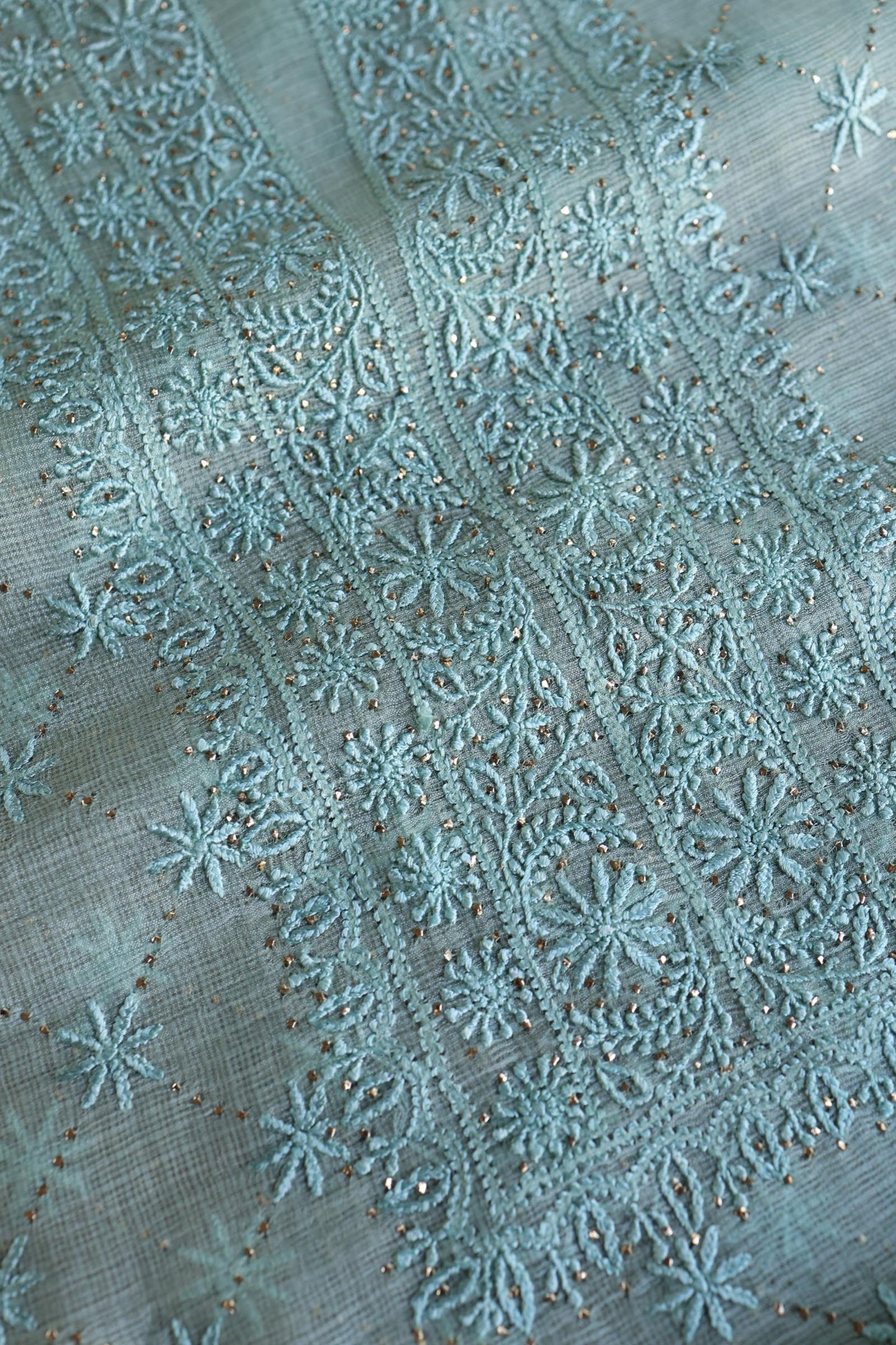 Aqua Blue Rasm Kota Tussar Chikankari Unstitched Chikankari Fabric