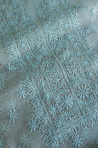 Aqua Blue Rasm Kota Tussar Chikankari Unstitched Chikankari Fabric