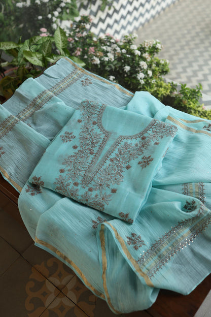 Aqua Blue Shade Mal Cotton Chikankari Unstitched Kurta Dupatta Fabrics With Kamdani