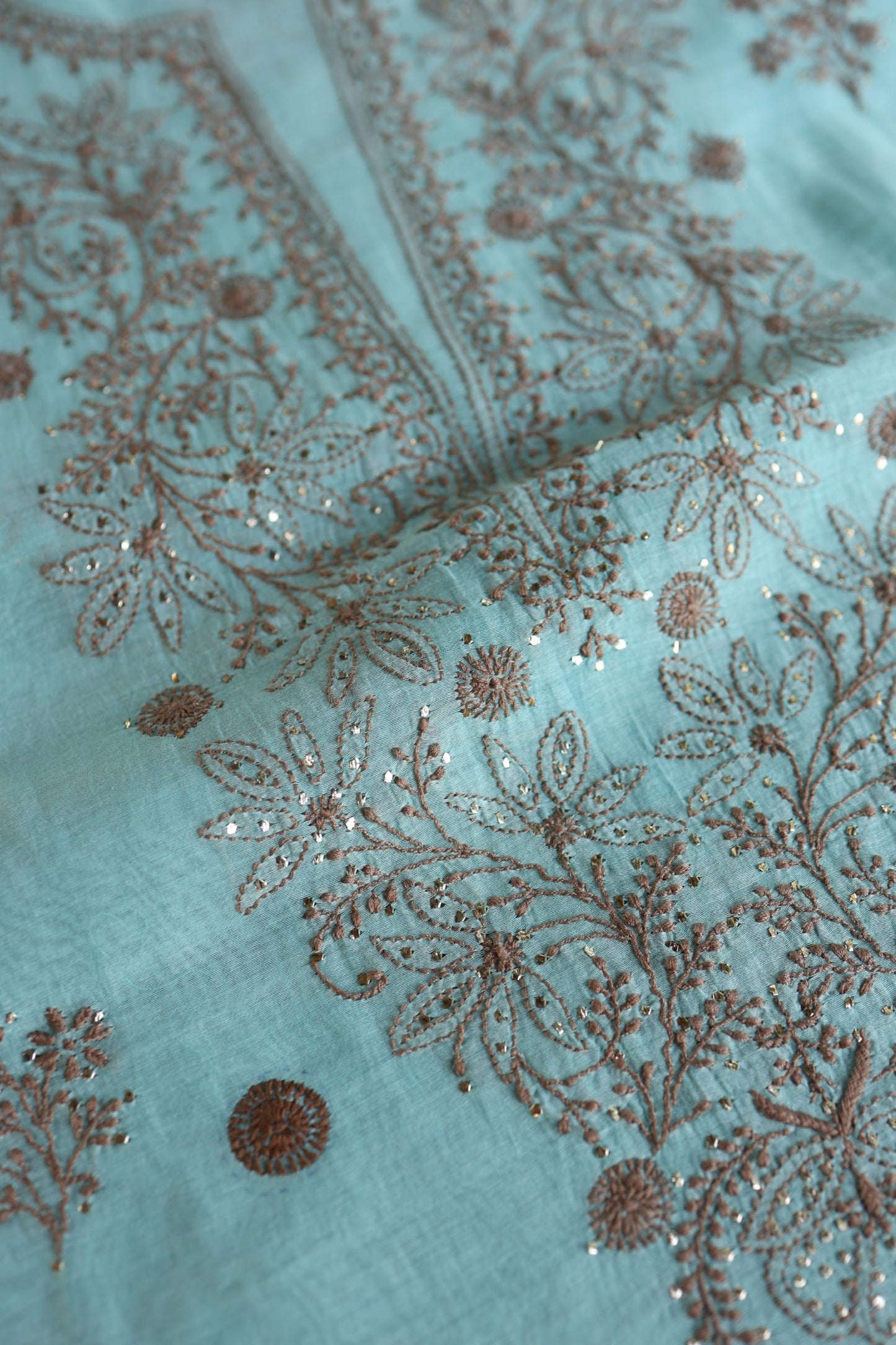 Aqua Blue Shade Mal Cotton Chikankari Unstitched Kurta Dupatta Fabrics With Kamdani