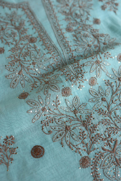 Aqua Blue Shade Mal Cotton Chikankari Unstitched Kurta Dupatta Fabrics With Kamdani