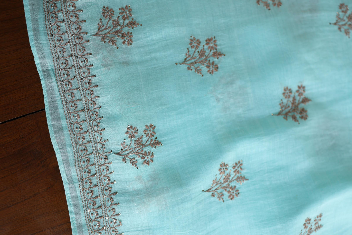 Aqua Blue Shade Mal Cotton Chikankari Unstitched Kurta Dupatta Fabrics With Kamdani