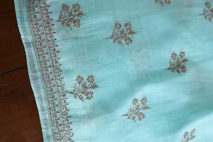 Aqua Blue Shade Mal Cotton Chikankari Unstitched Kurta Dupatta Fabrics With Kamdani