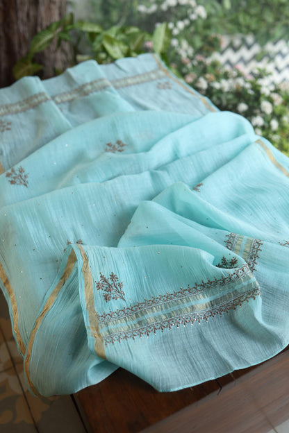 Aqua Blue Shade Mal Cotton Chikankari Unstitched Kurta Dupatta Fabrics With Kamdani