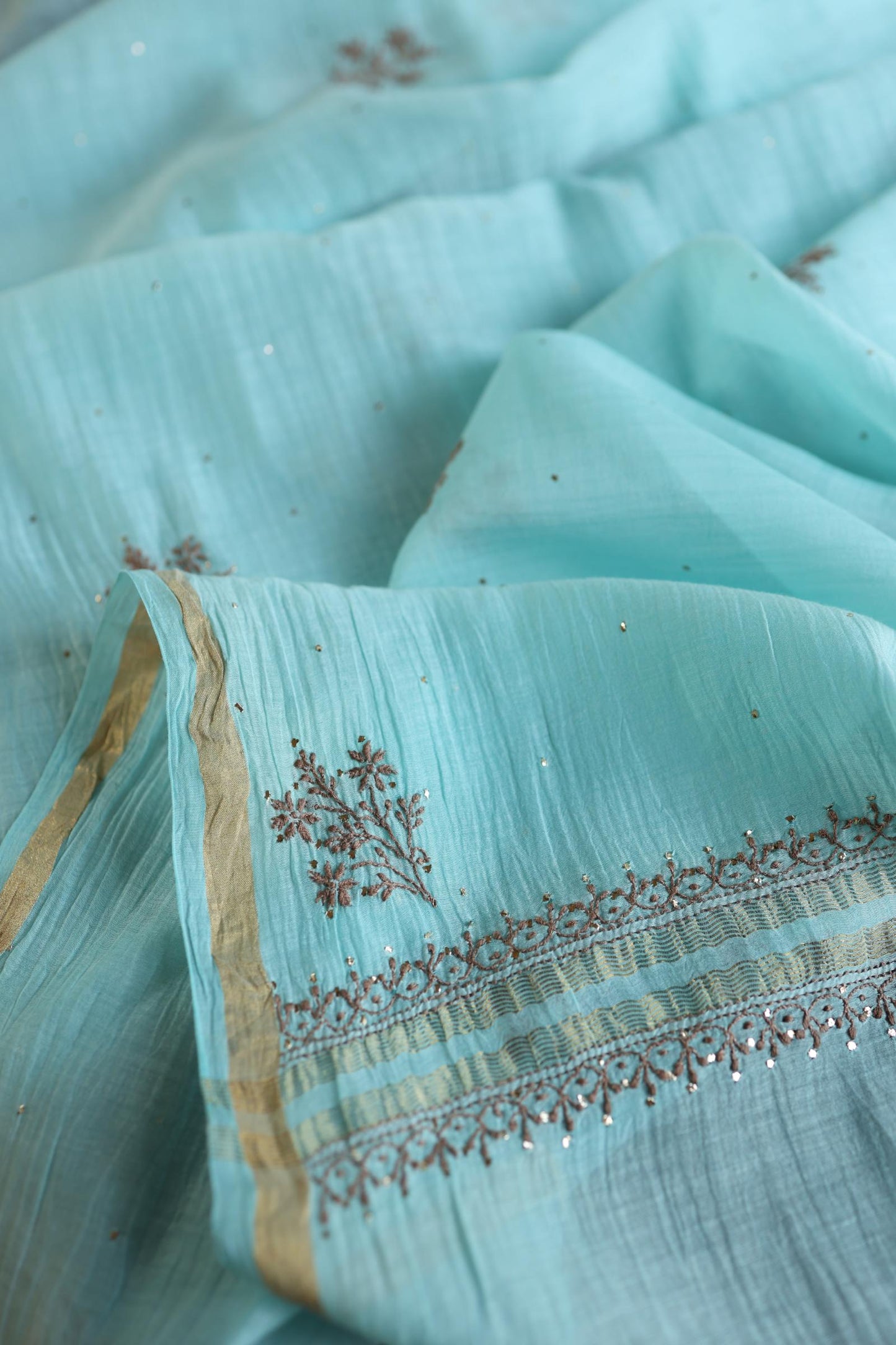 Aqua Blue Shade Mal Cotton Chikankari Unstitched Kurta Dupatta Fabrics With Kamdani