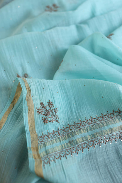 Aqua Blue Shade Mal Cotton Chikankari Unstitched Kurta Dupatta Fabrics With Kamdani