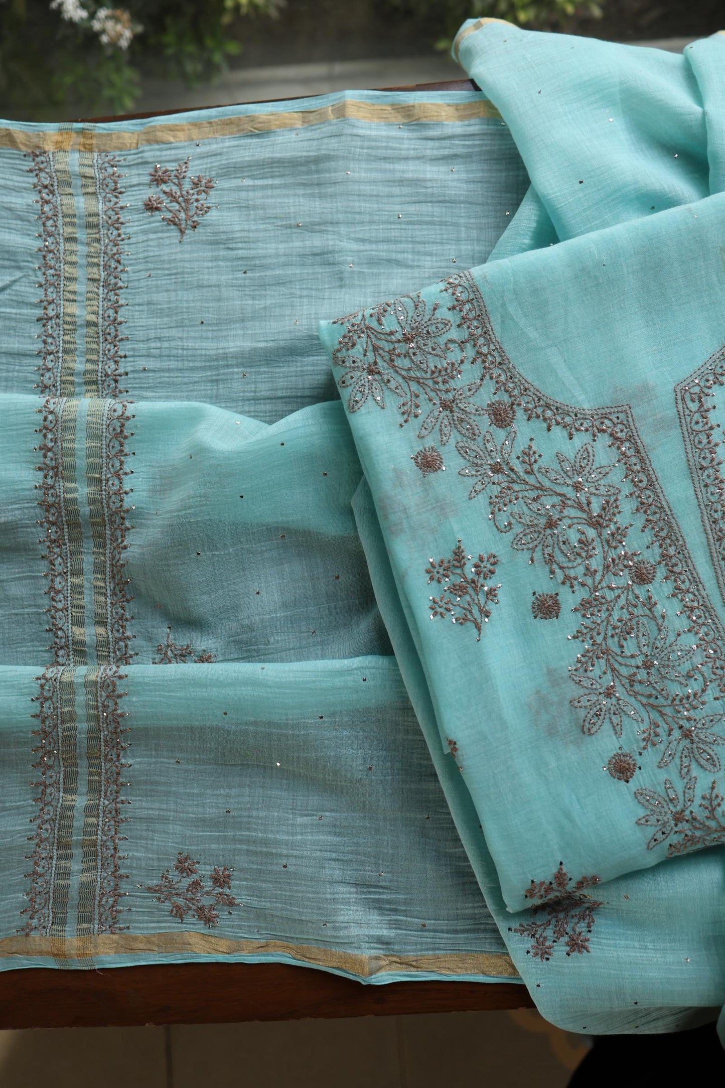 Aqua Blue Shade Mal Cotton Chikankari Unstitched Kurta Dupatta Fabrics With Kamdani