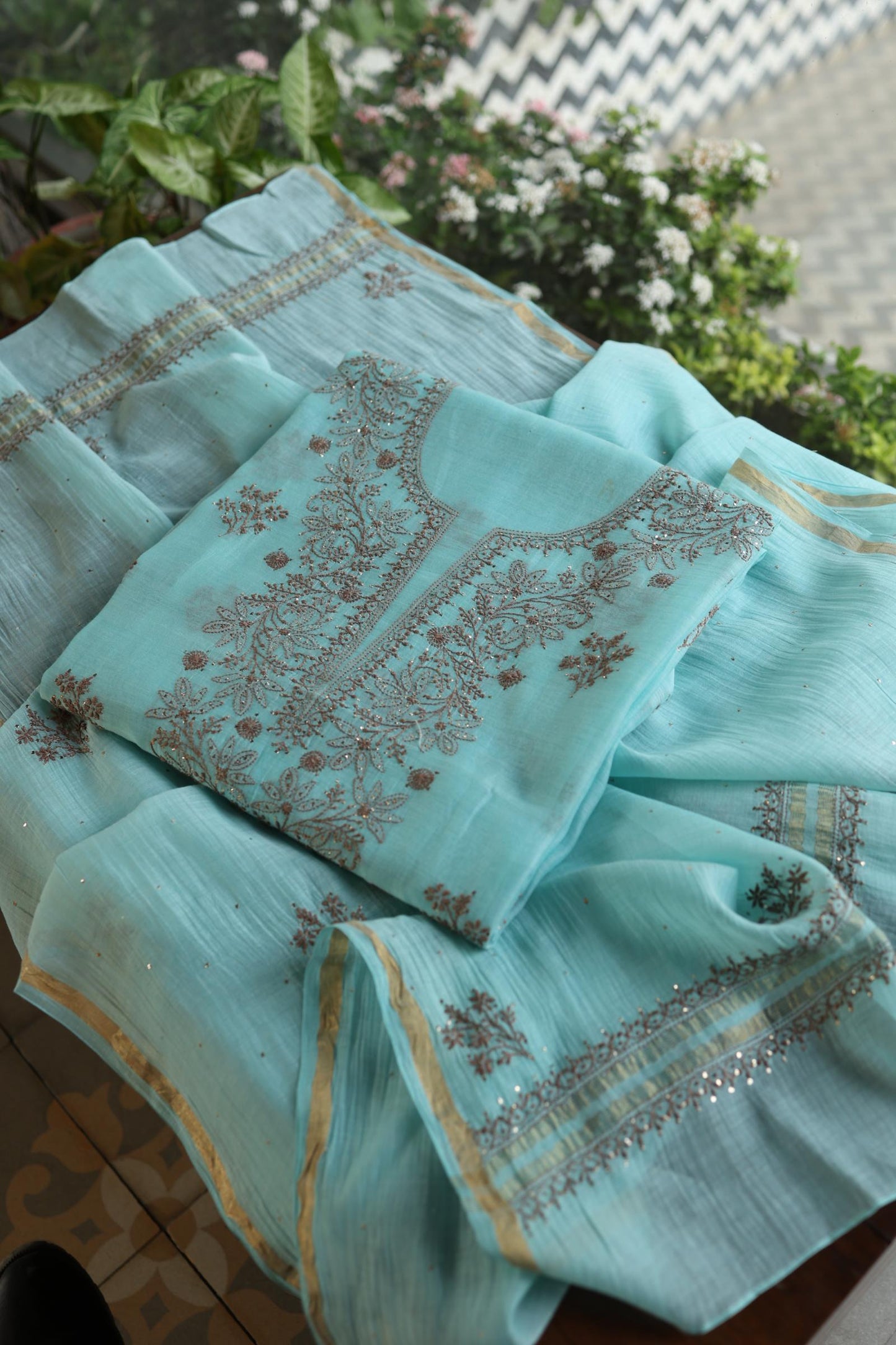 Aqua Blue Shade Mal Cotton Chikankari Unstitched Kurta Dupatta Fabrics With Kamdani
