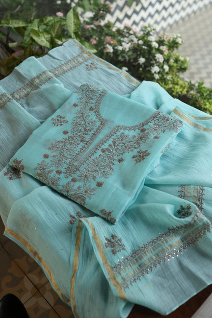 Aqua Blue Shade Mal Cotton Chikankari Unstitched Kurta Dupatta Fabrics With Kamdani