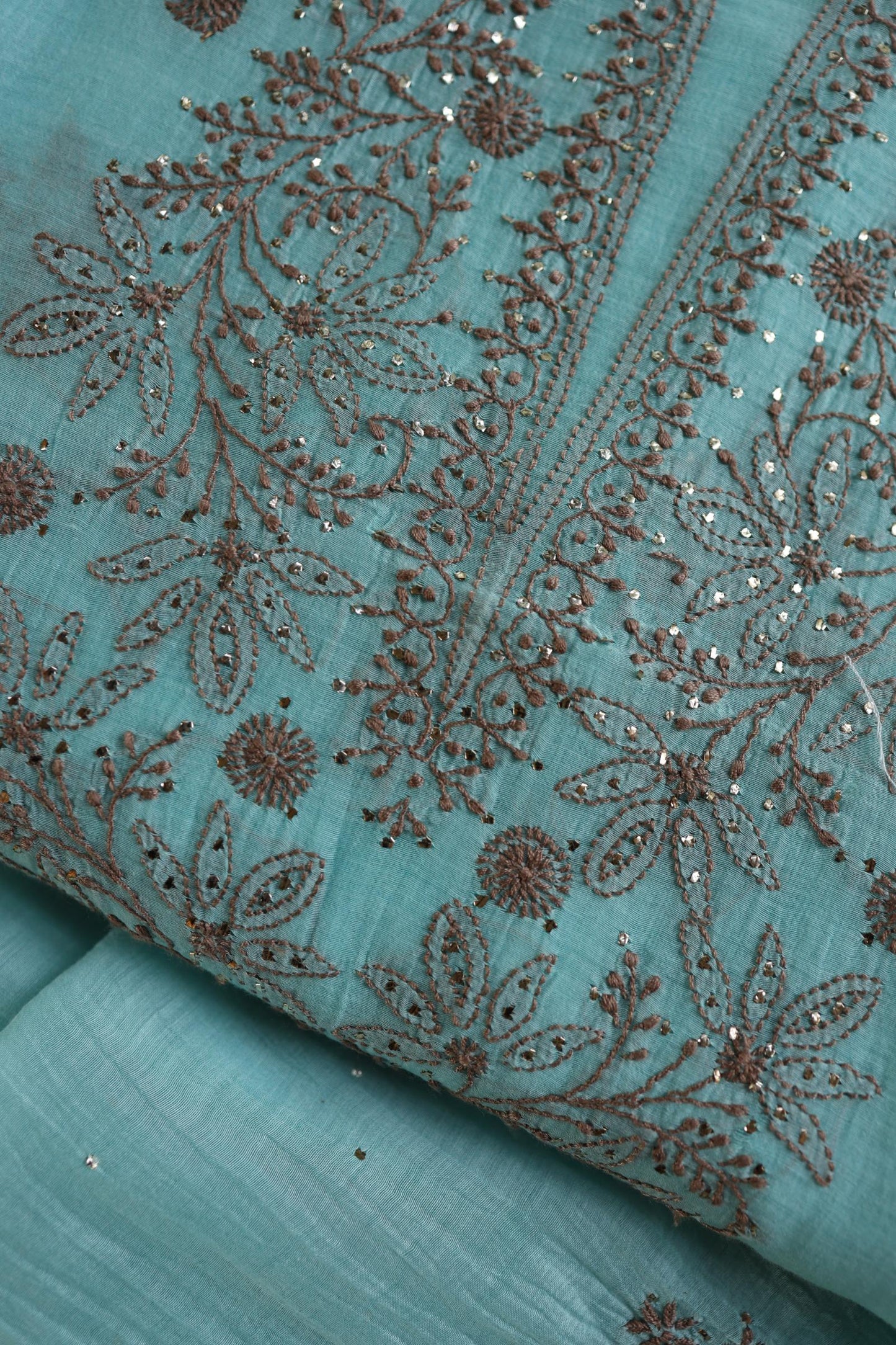 Aqua Blue Shade Mal Cotton Chikankari Unstitched Kurta Dupatta Fabrics With Kamdani