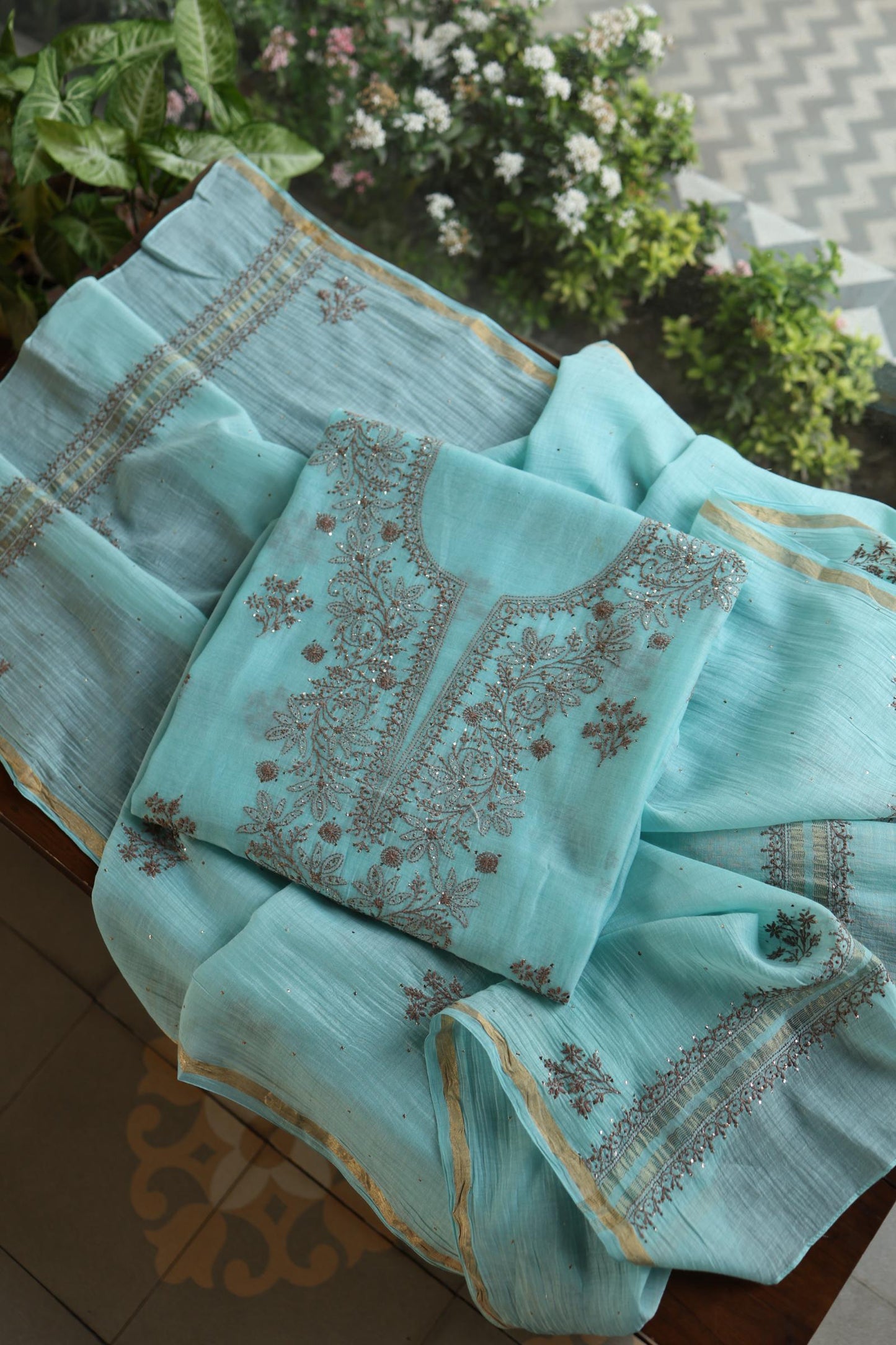 Aqua Blue Shade Mal Cotton Chikankari Unstitched Kurta Dupatta Fabrics With Kamdani