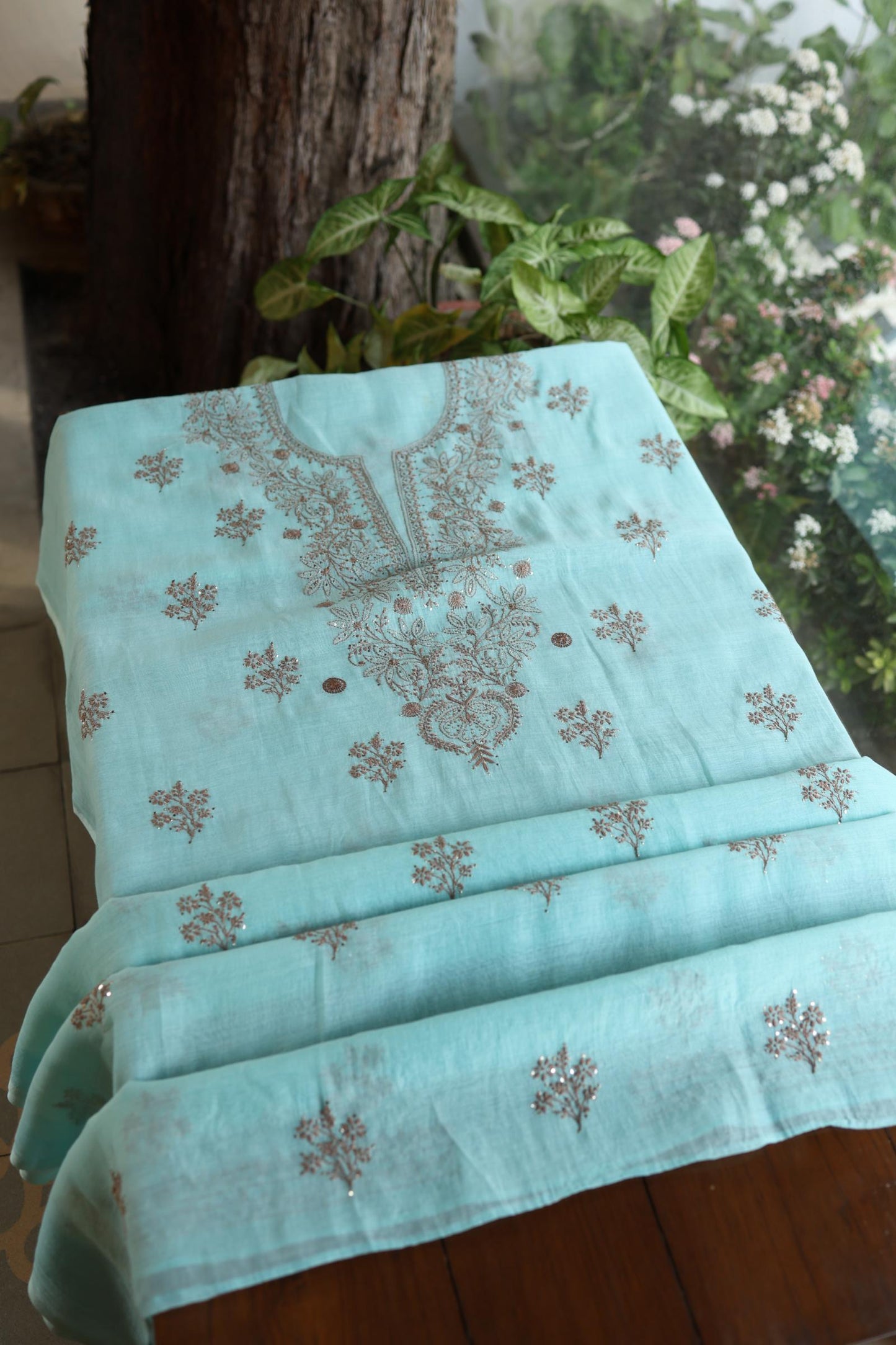 Aqua Blue Shade Mal Cotton Chikankari Unstitched Kurta Dupatta Fabrics With Kamdani