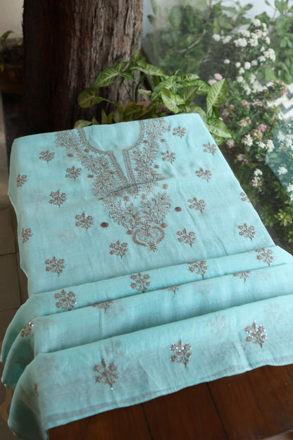 Aqua Blue Shade Mal Cotton Chikankari Unstitched Kurta Dupatta Fabrics With Kamdani