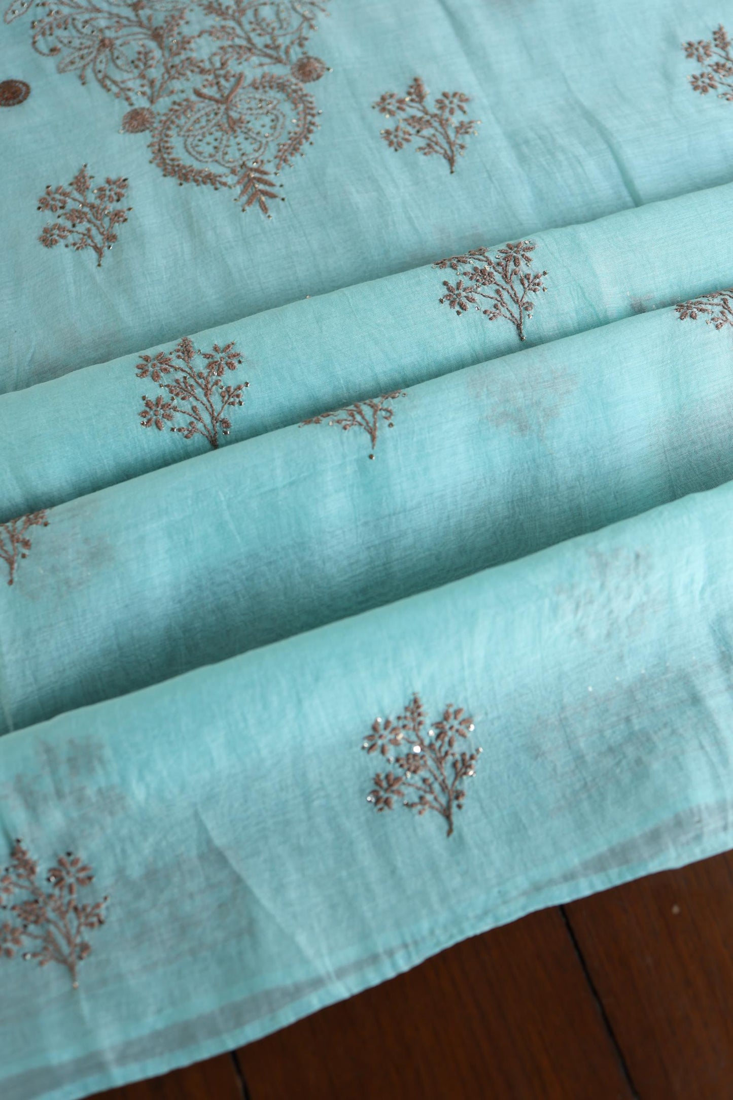 Aqua Blue Shade Mal Cotton Chikankari Unstitched Kurta Dupatta Fabrics With Kamdani