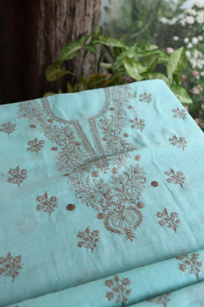 Aqua Blue Shade Mal Cotton Chikankari Unstitched Kurta Dupatta Fabrics With Kamdani