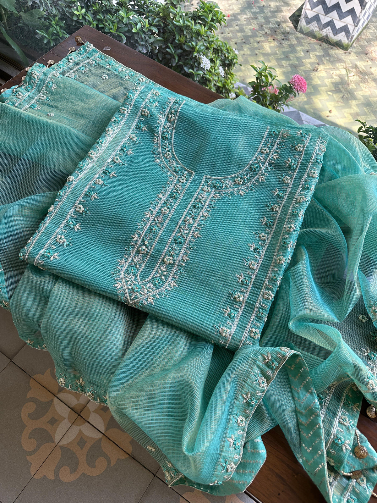 Aqua Blue Shade Shade Tissue Kota Chikankari Unstitched Fabric