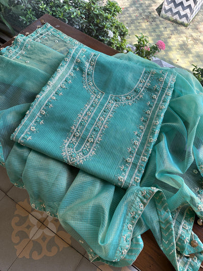 Aqua Blue Shade Shade Tissue Kota Chikankari Unstitched Fabric
