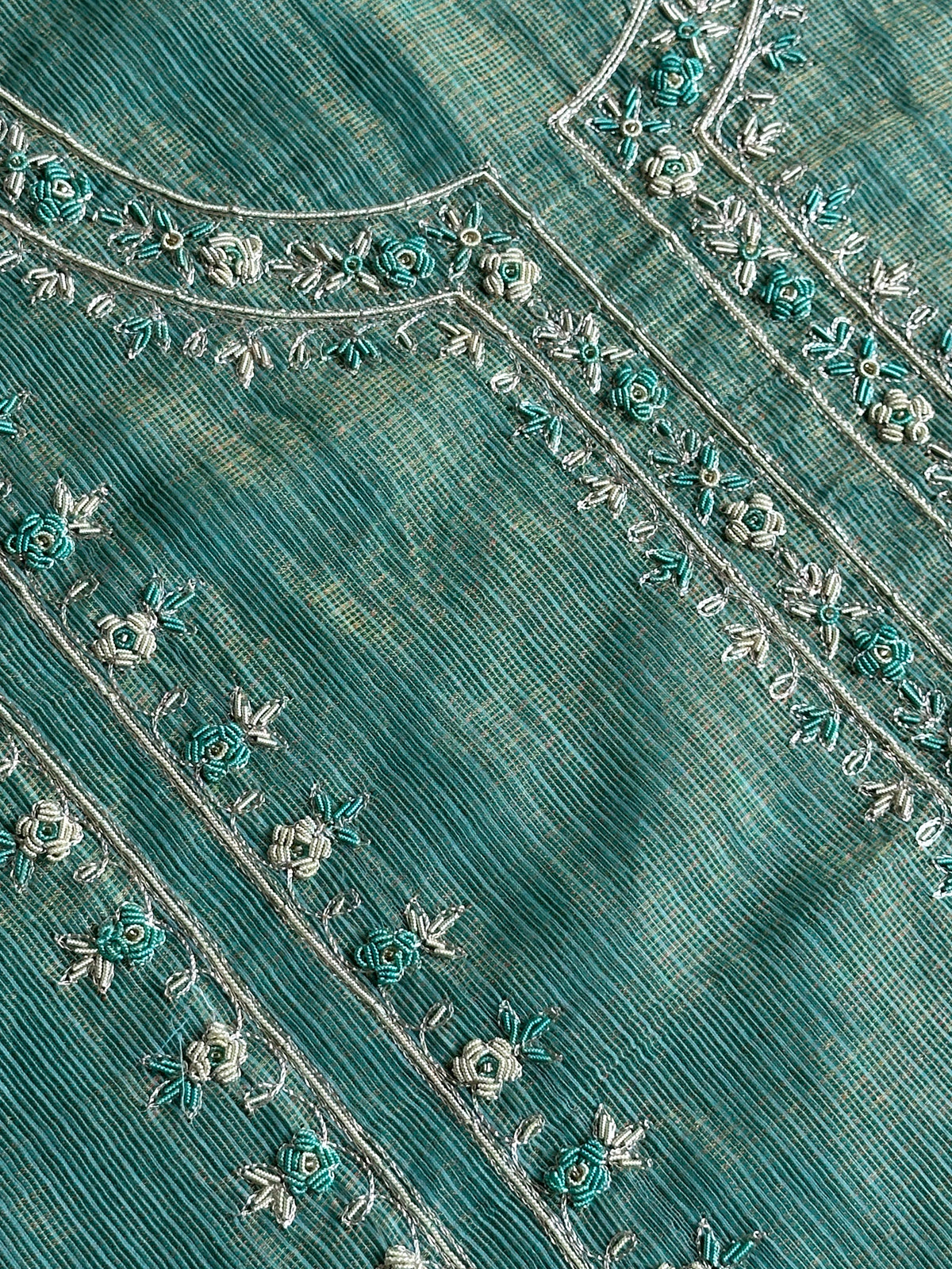 Aqua Blue Shade Shade Tissue Kota Chikankari Unstitched Fabric