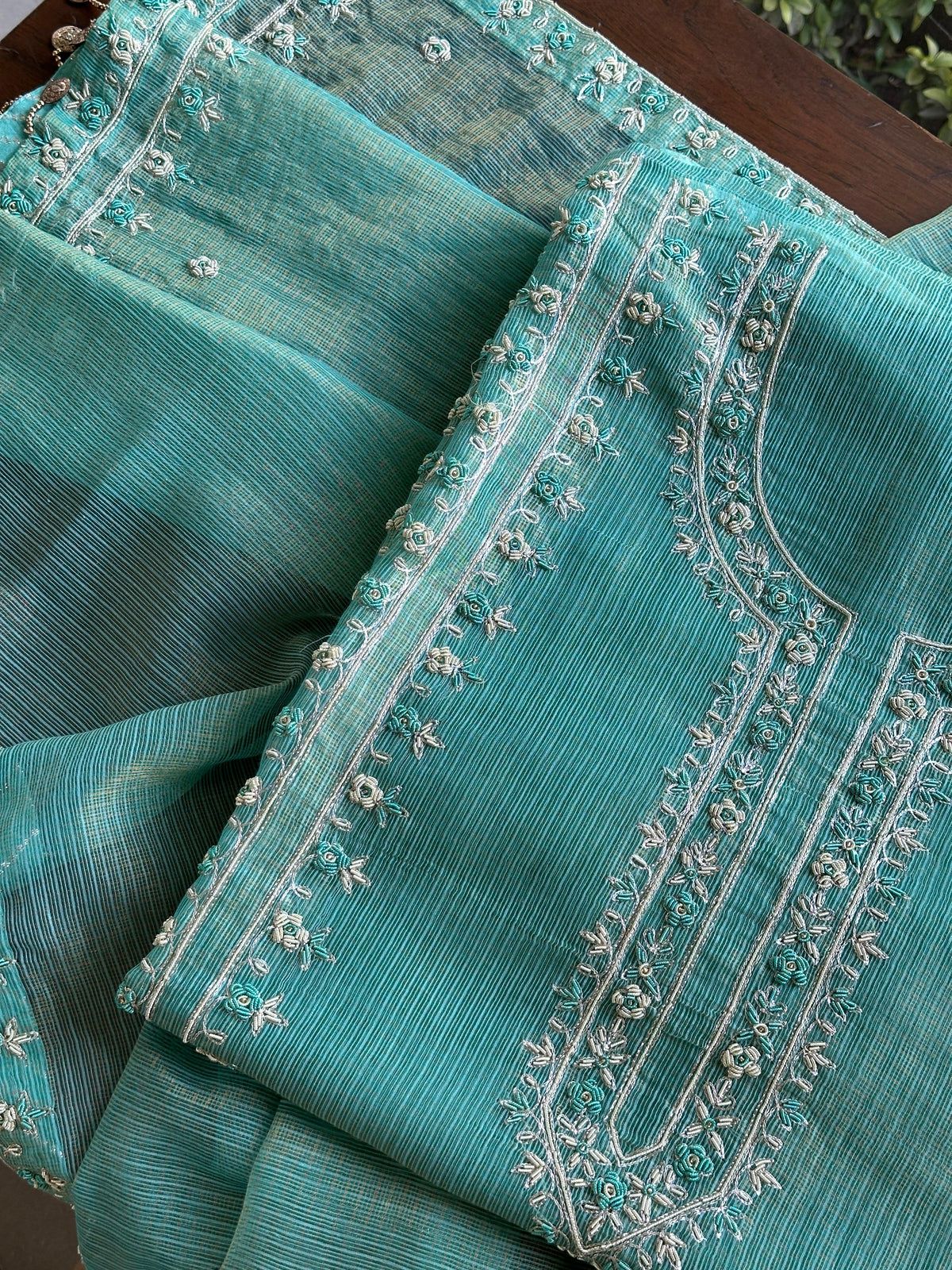 Aqua Blue Shade Shade Tissue Kota Chikankari Unstitched Fabric