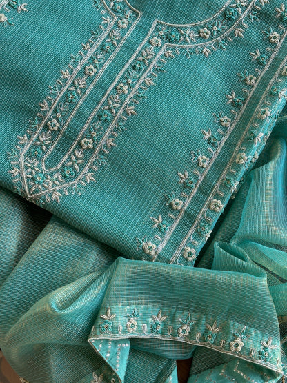 Aqua Blue Shade Shade Tissue Kota Chikankari Unstitched Fabric