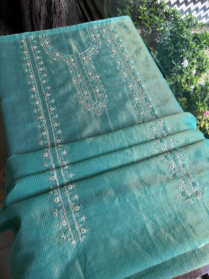 Aqua Blue Shade Shade Tissue Kota Chikankari Unstitched Fabric