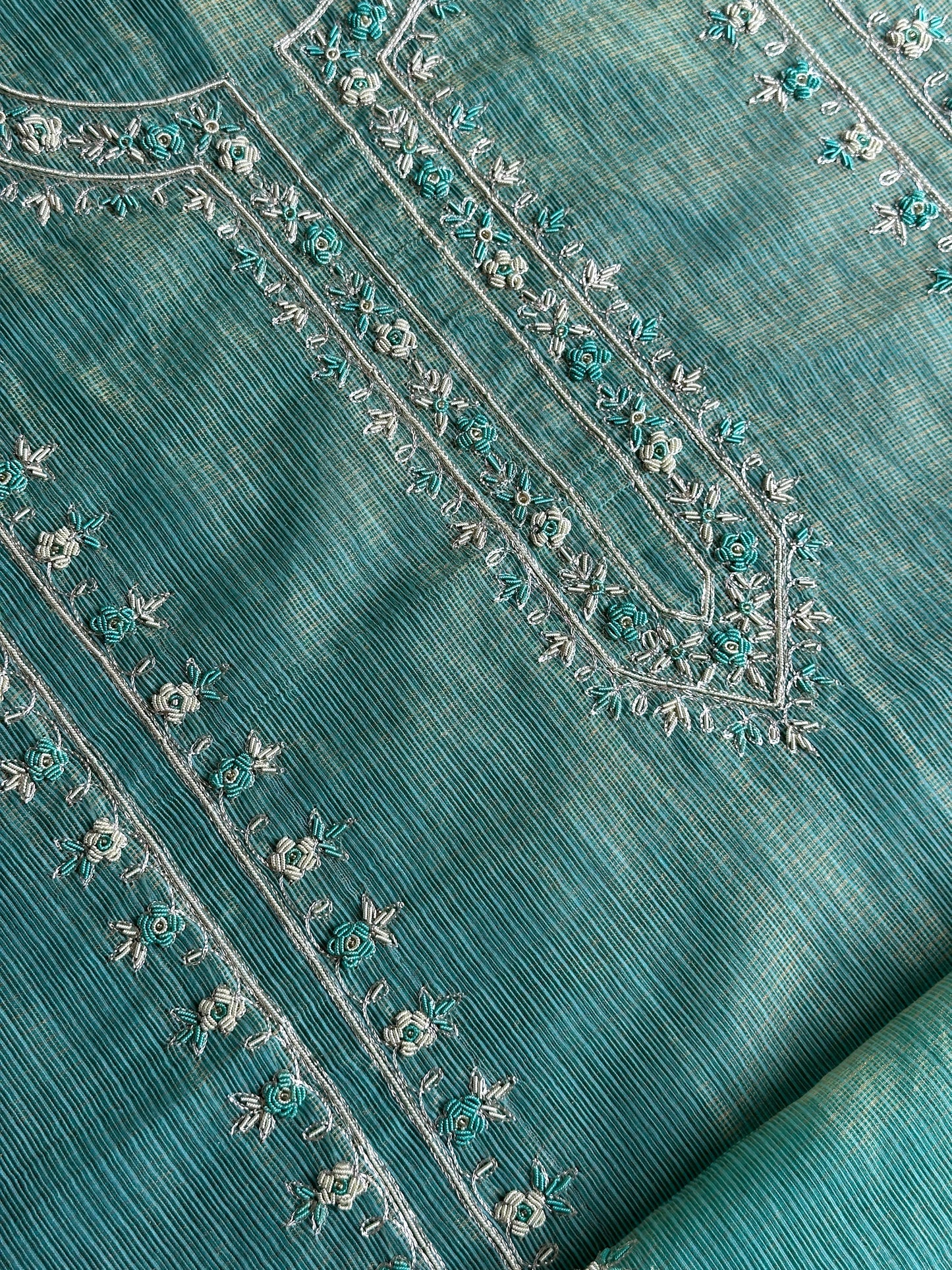 Aqua Blue Shade Shade Tissue Kota Chikankari Unstitched Fabric
