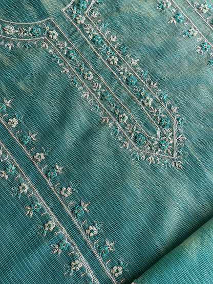 Aqua Blue Shade Shade Tissue Kota Chikankari Unstitched Fabric