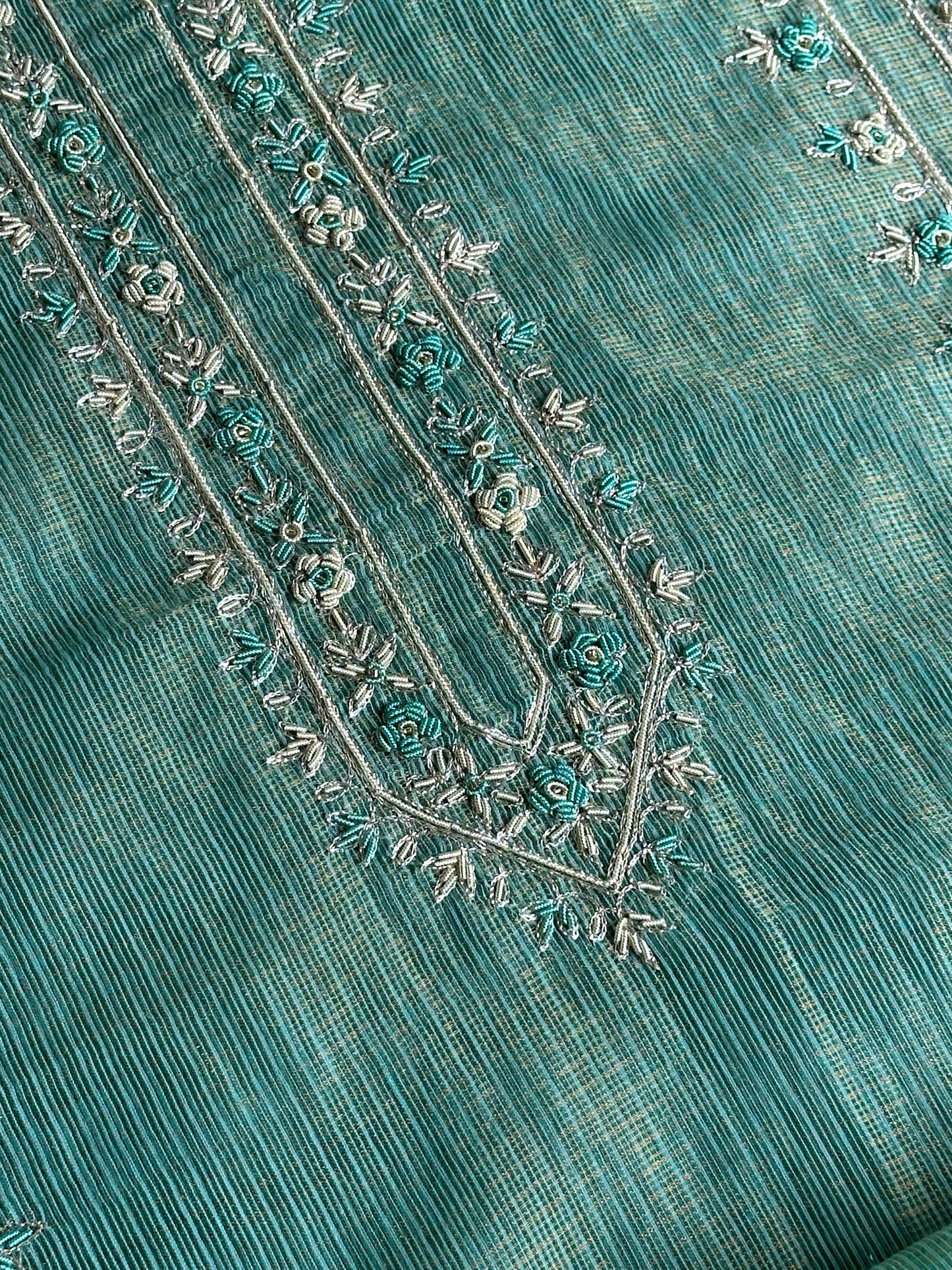 Aqua Blue Shade Shade Tissue Kota Chikankari Unstitched Fabric