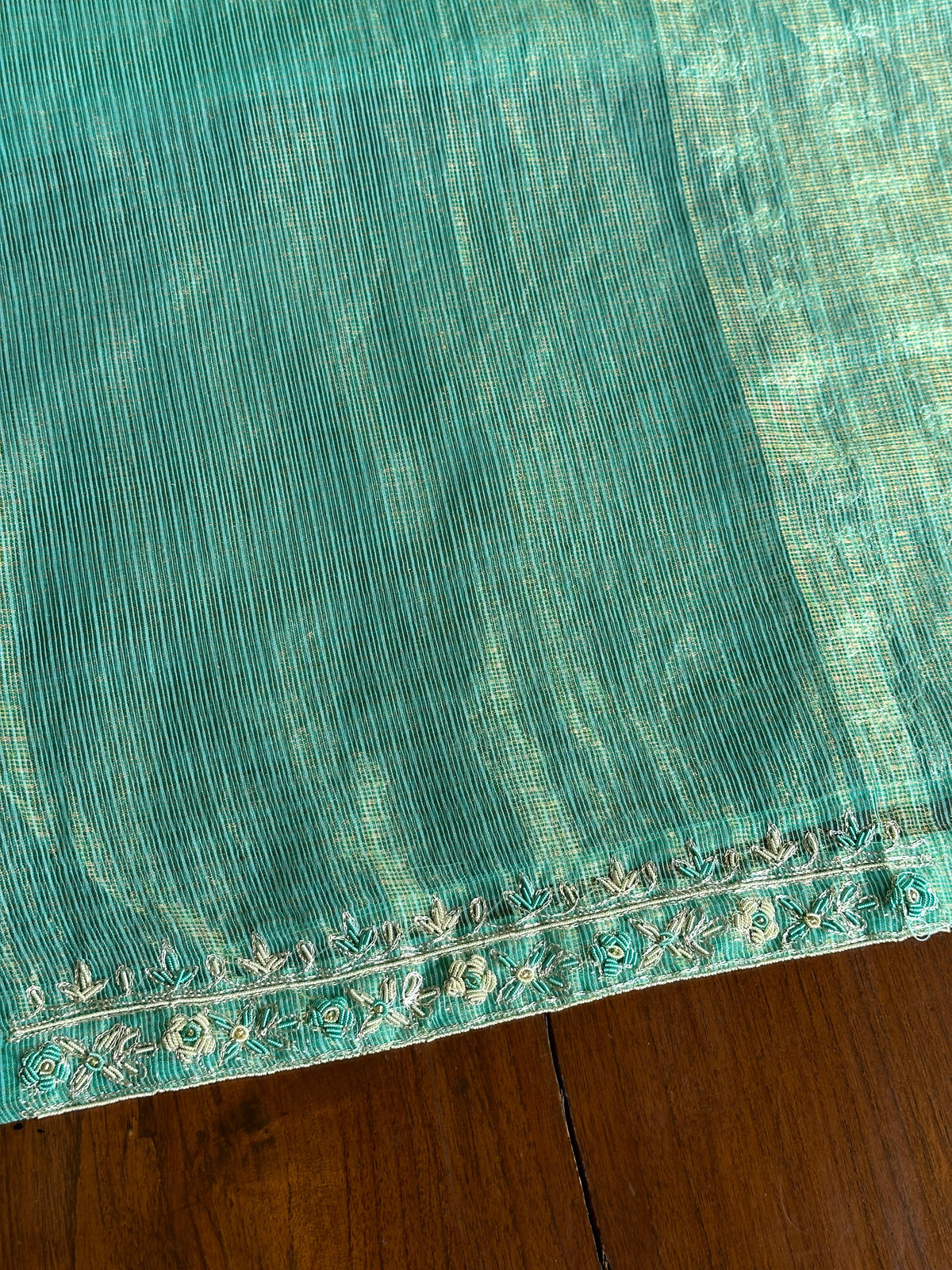 Aqua Blue Shade Shade Tissue Kota Chikankari Unstitched Fabric