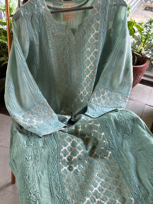 Aqua Blue Shade Zari Chanderi Chikankari Ready to Wear Tunics