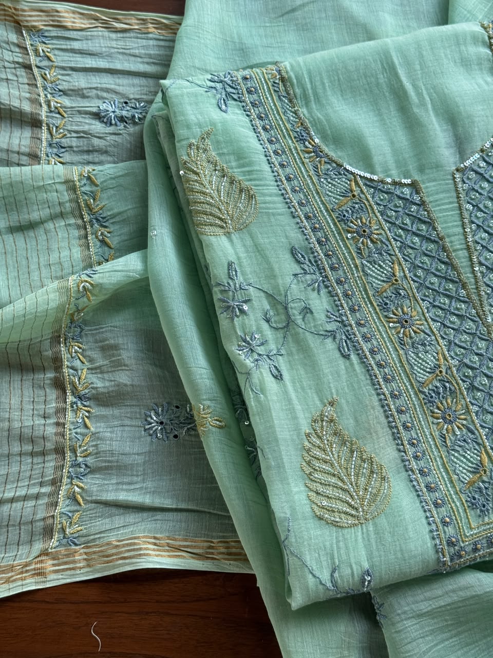 Aqua Green Shade Chanderi Silk Mukaish Badla Unstitched Fabric