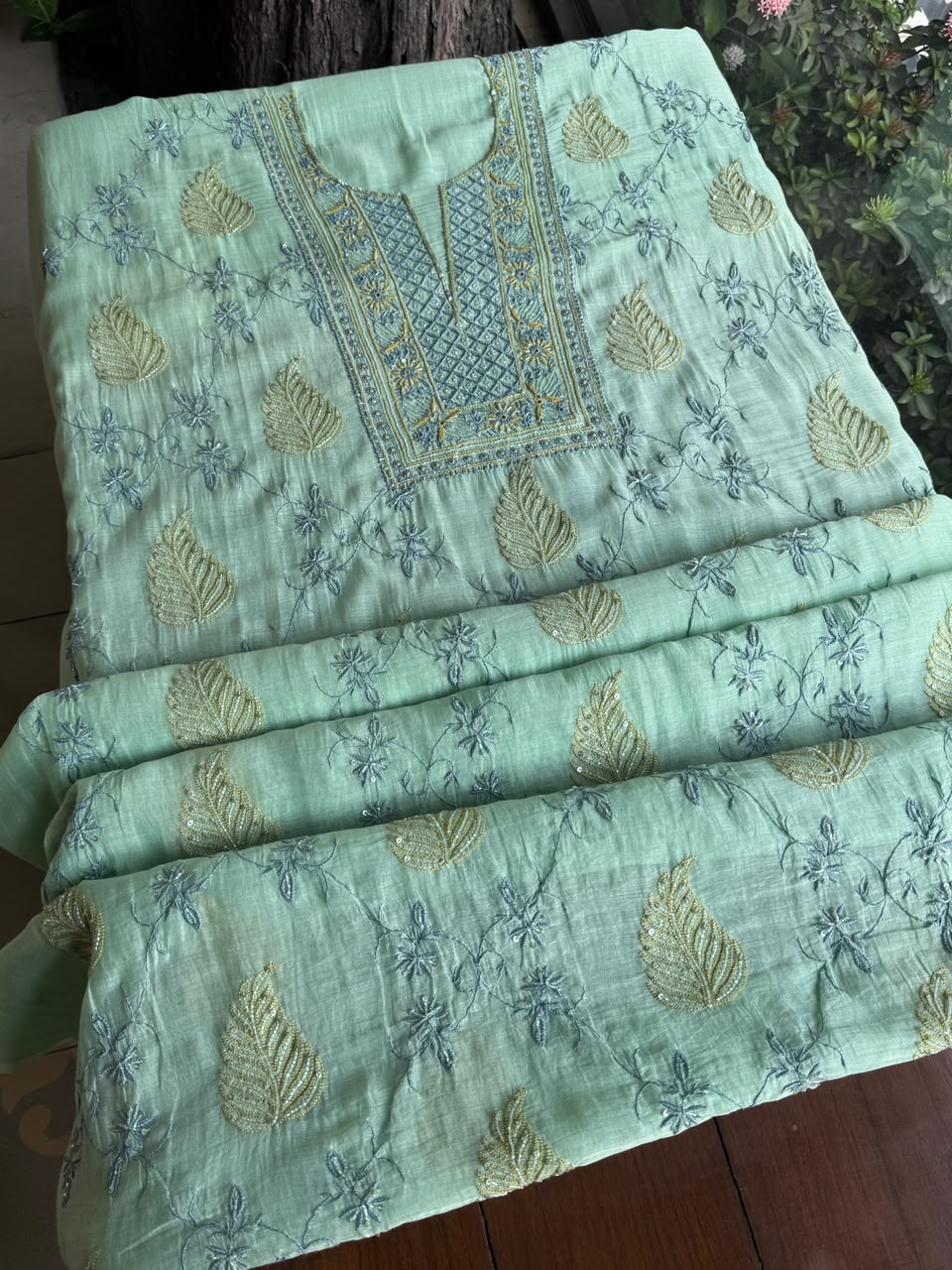 Aqua Green Shade Chanderi Silk Mukaish Badla Unstitched Fabric