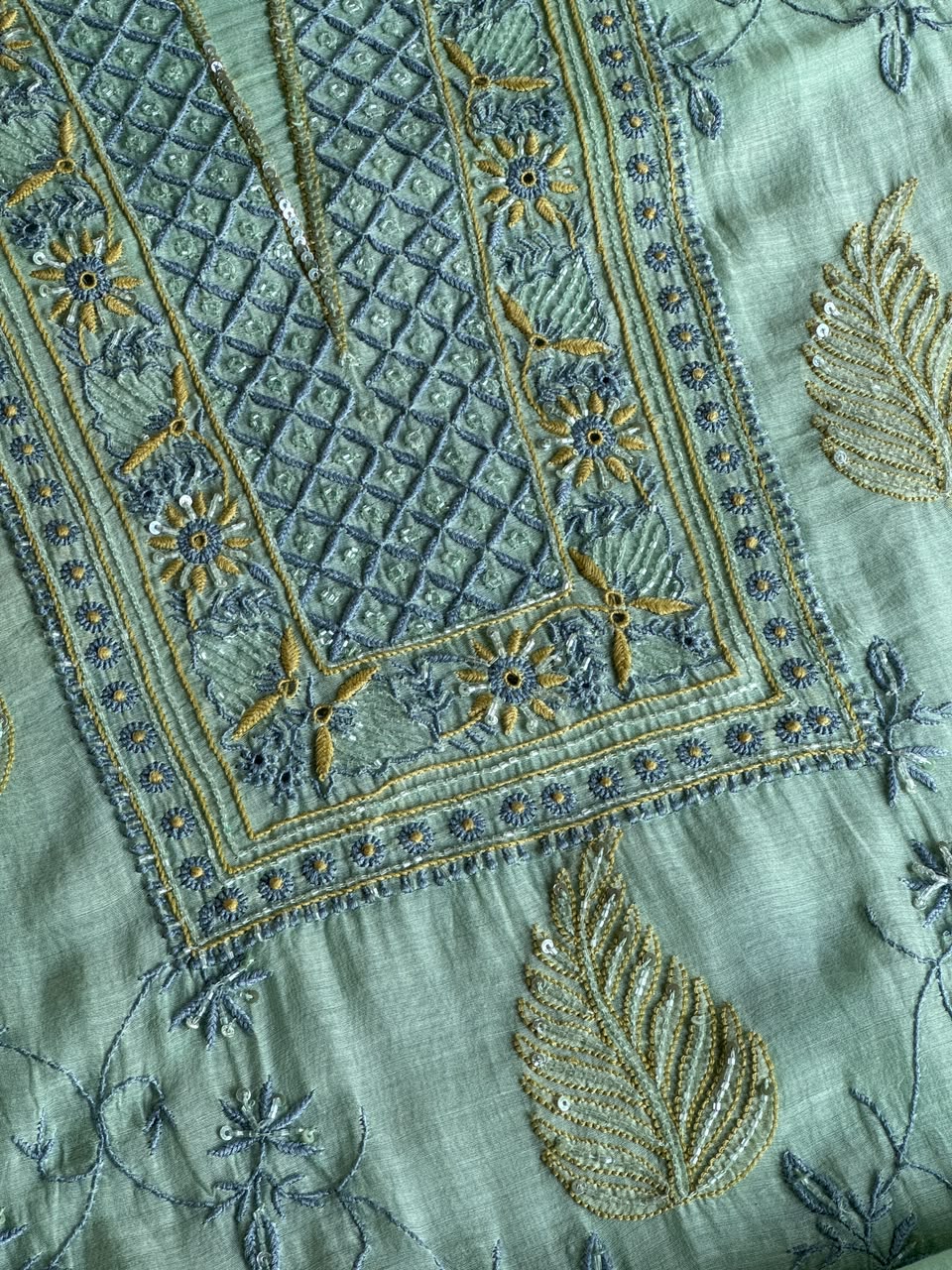 Aqua Green Shade Chanderi Silk Mukaish Badla Unstitched Fabric