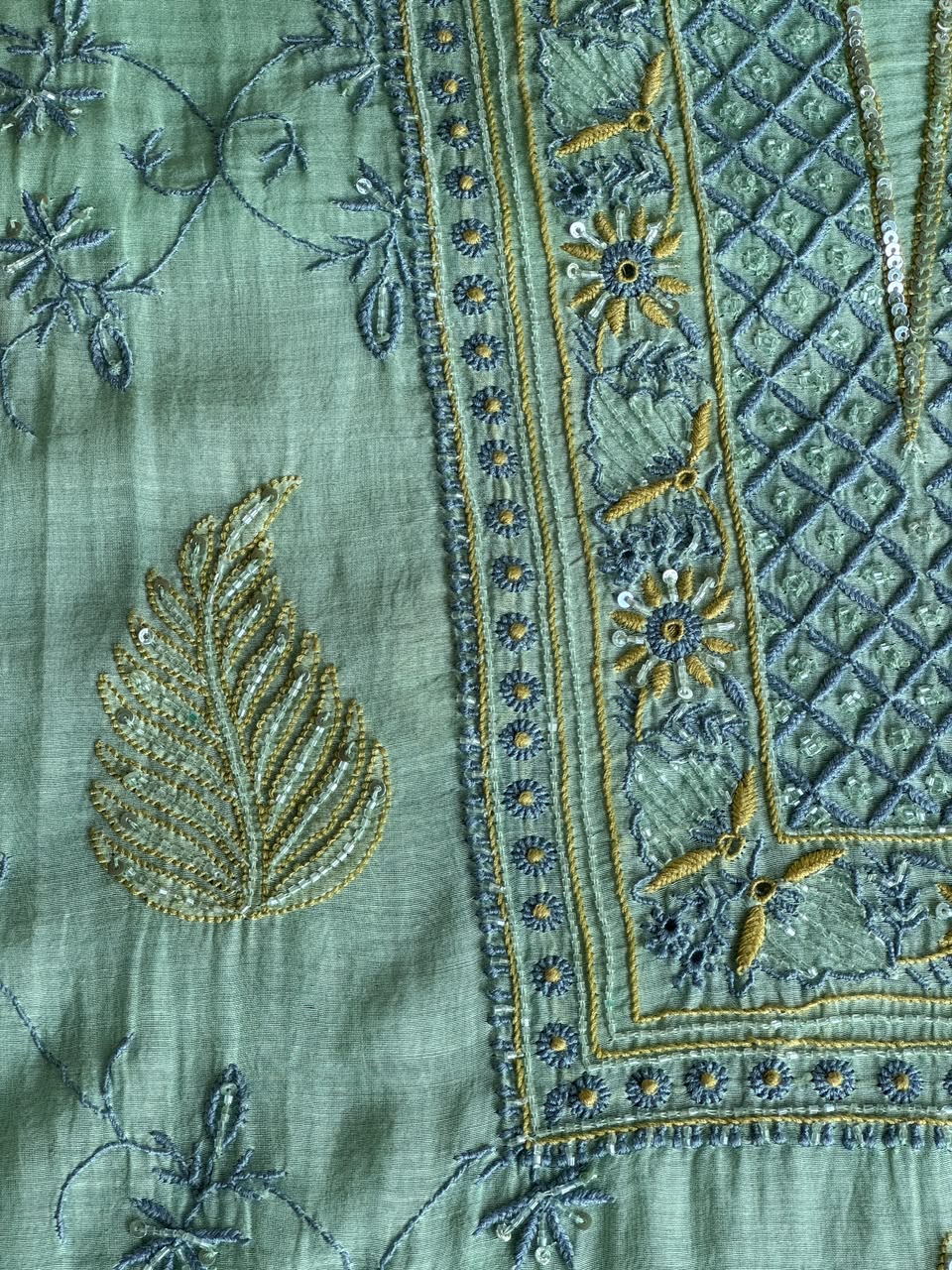 Aqua Green Shade Chanderi Silk Mukaish Badla Unstitched Fabric