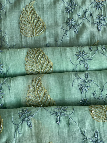 Aqua Green Shade Chanderi Silk Mukaish Badla Unstitched Fabric