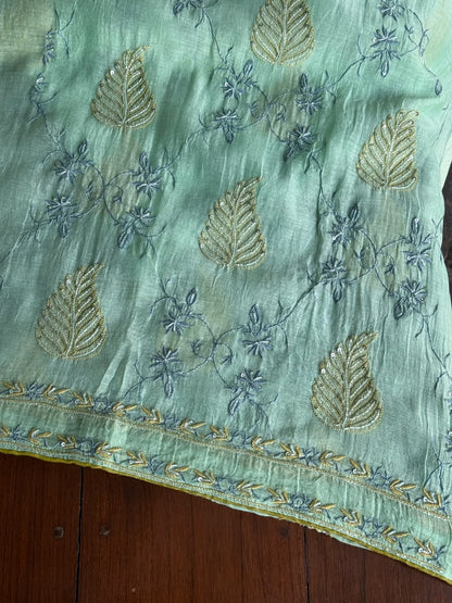 Aqua Green Shade Chanderi Silk Mukaish Badla Unstitched Fabric