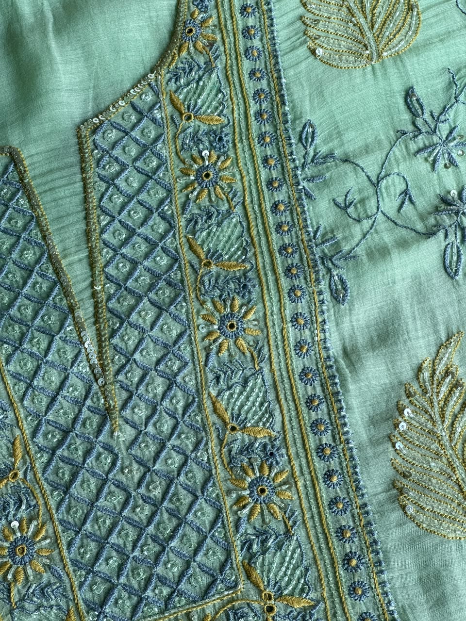 Aqua Green Shade Chanderi Silk Mukaish Badla Unstitched Fabric